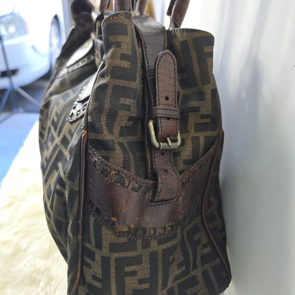 FENDI Zucca Etnico Handbag Tote Bag Nylon Canvas Leather Khaki Dark Brown - Picture 11 of 16